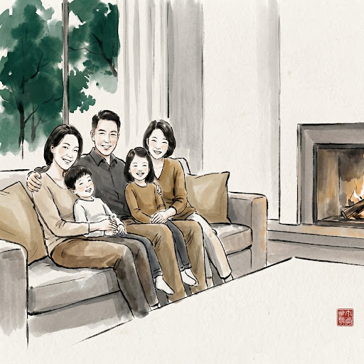 温馨家庭在客厅相聚的水彩插画
