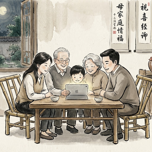 三代同堂围坐查看家庭账本
